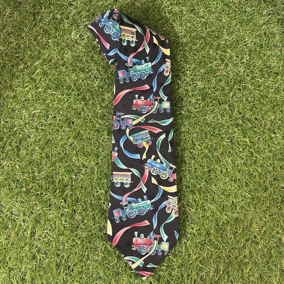 Wembley Silk Necktie – Colorful Train Locomotive Pattern – 58x4 – Made in USA - Picture 1 of 4